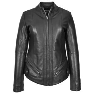 BUNERI Women’s Real Leather Slim Fit Biker Standing Collar Jacket Black