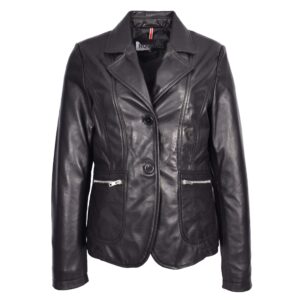 BUNERI Women’s Black Leather Blazer Two-Button