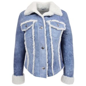 BUNERI Women’s Real Sheepskin Trucker Jacket Denim Blue