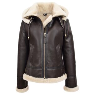 BUNERI Women’s Sheepskin B3 Detachable Hoodie Jacket Brown White