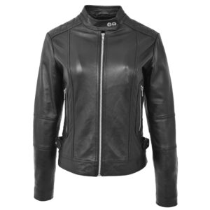 BUNERI Black Soft Leather Casual Zip Biker Jacket