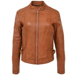 BUNERI Tan Soft Leather Casual Zip Biker Jacket
