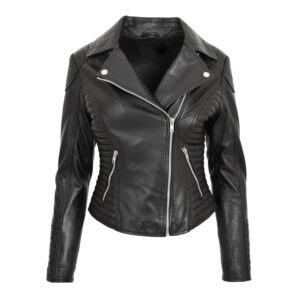 BUNERI Women’s Black Soft Leather Cross Zip Biker Jacket