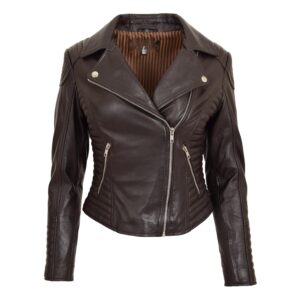 BUNERI Women’s Soft Leather Cross-Zip Biker Jacket Brown
