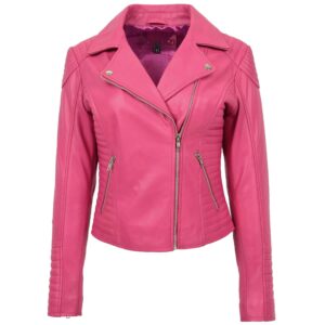 BUNERI Pink Soft Leather Cross Zip Biker Jacket Women