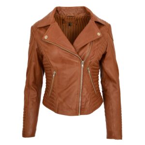 BUNERI Women’s Soft Leather Cross Zip Biker Jacket Tan