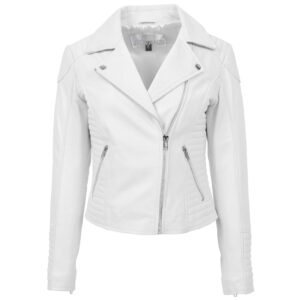 BUNERI Women’s White Soft Leather Cross-Zip Biker Jacket