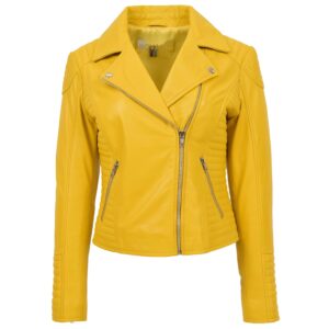 BUNERI Women’s Yellow Soft Leather Cross Zip Biker Jacket
