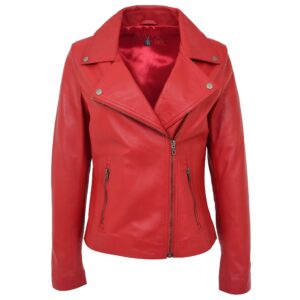 BUNERI Women’s Red Soft Leather Asymmetric Biker Jacket