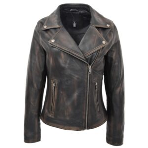 BUNERI Vintage Black Soft Leather Cross-Zip Biker Jacket