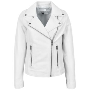 BUNERI Women’s White Soft Leather Cross Zip Biker Jacket