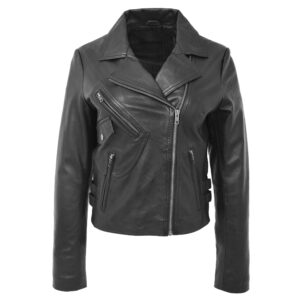 BUNERI Women’s Soft Leather Cross-Zip Casual Jacket Black