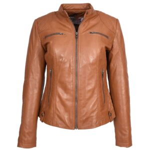 BUNERI Tan Soft Leather Fitted Quilted Cafe Racer Jacket